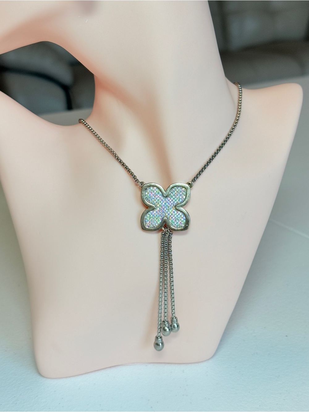Silver and Gold Floral Pendant Necklace with Cubic Zirconia